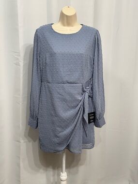 Lulus Women’s Blue Swiss Dot Long Sleeve Tie Front Round Neck Mini Dress L